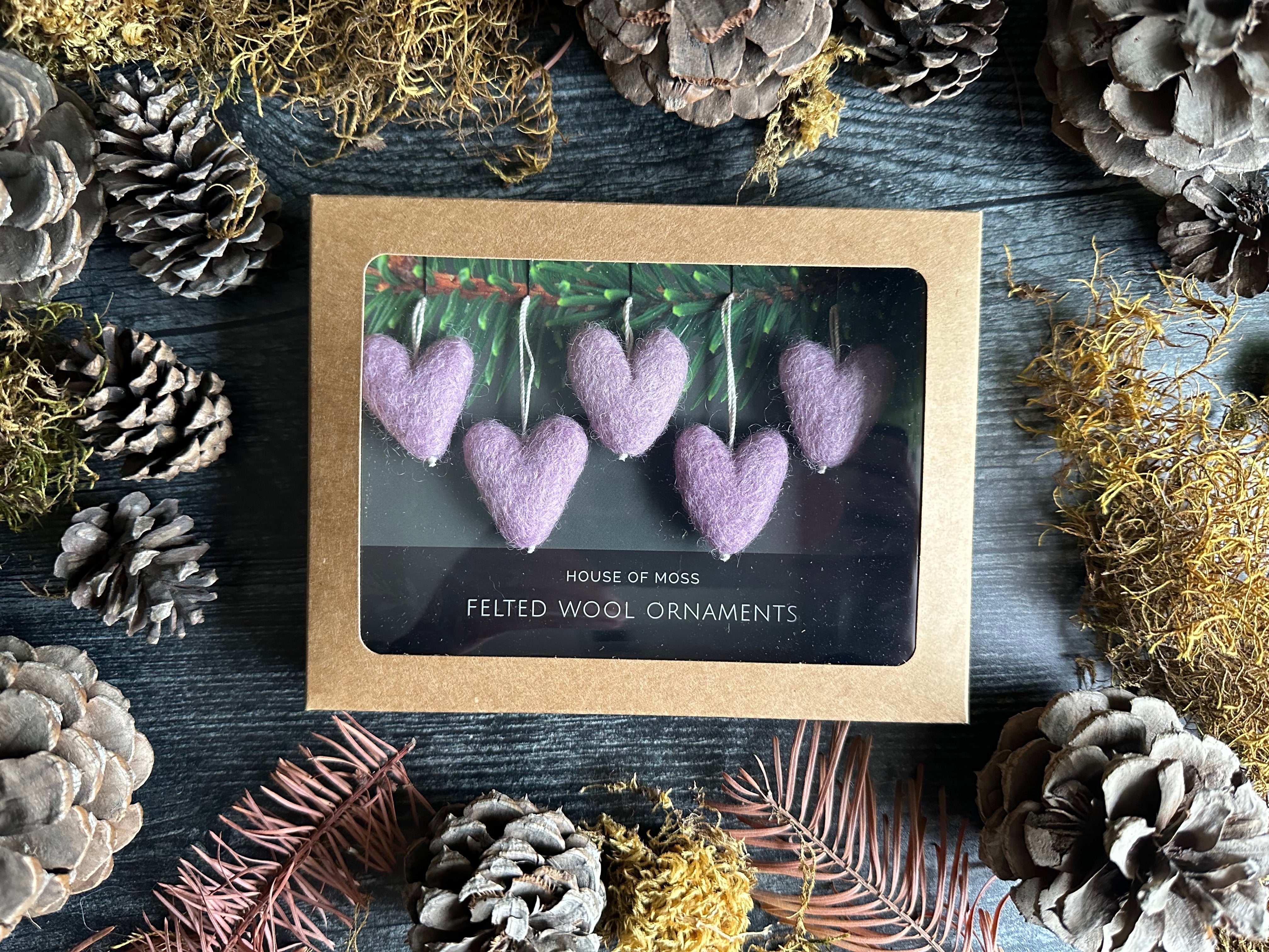 Handmade wool heart ornaments in Anemone Purple, about 1 inch across