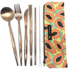 Meli Wraps Reusable Travel Cutlery Set in Tropical Papaya organic cotton pouch with rose gold stainless steel fork, spoon, knife, chopsticks and straw