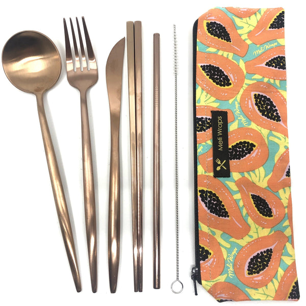 Meli Wraps Reusable Travel Cutlery Set in Tropical Papaya organic cotton pouch with rose gold stainless steel fork, spoon, knife, chopsticks and straw