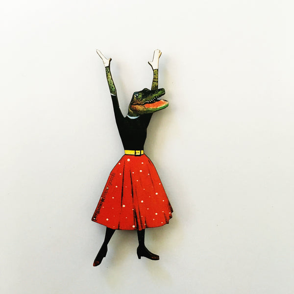 Alligator Lady Wood Magnet: Eco-friendly, recycled wood, handmade in USA. Whimsical art by Gianna Pergamo. Shop now!