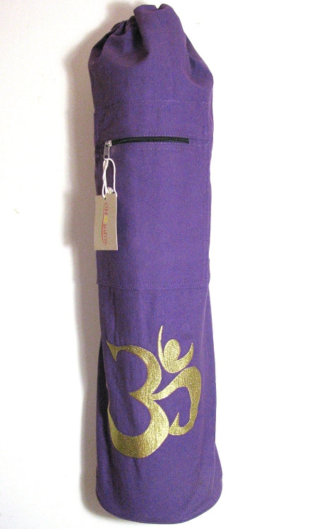 OMSutra OM Shiva yoga mat bag open showing interior zippered pocket and adjustable shoulder strap