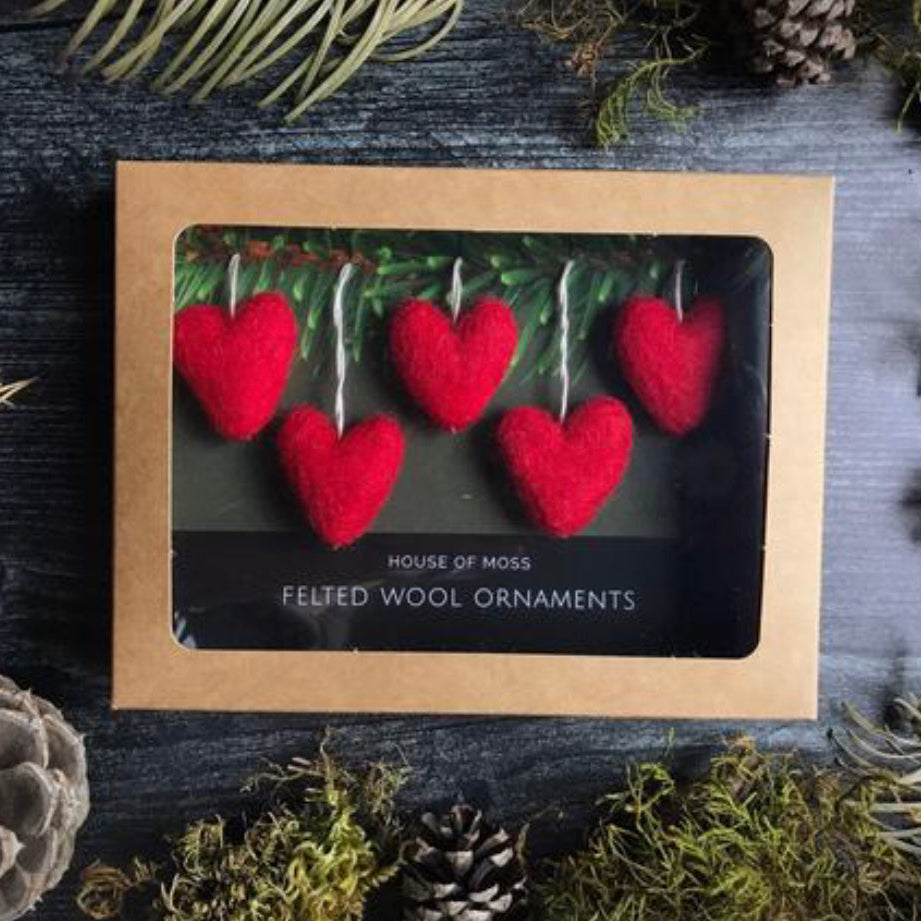 Amanita Red needle-felted wool heart ornaments, a Christmas gift idea from House of Moss