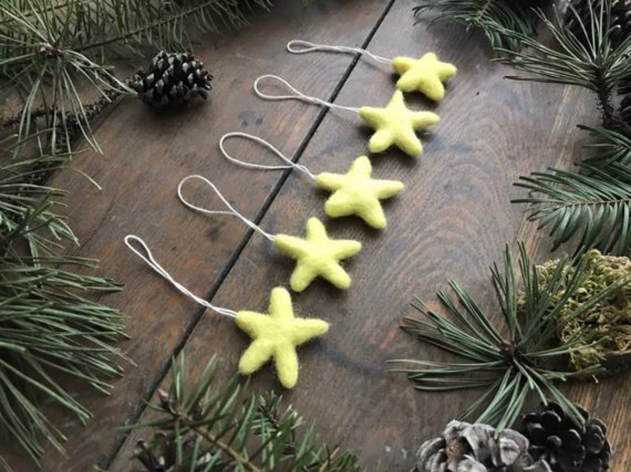 Pure wool star ornaments from House of Moss, set of 5 in Mahonia Yellow