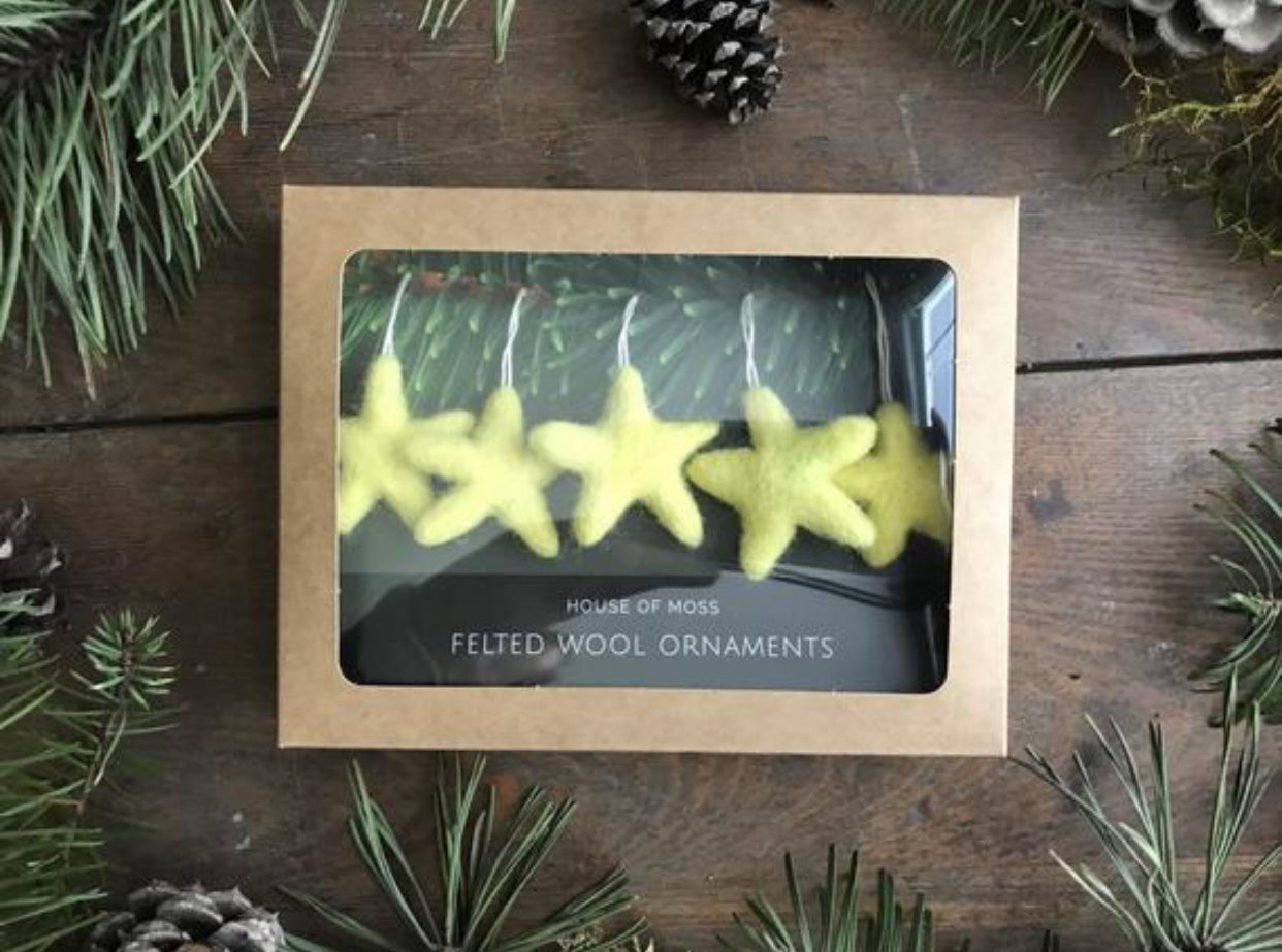 Handmade Mahonia Yellow wool star ornaments ready to hang as holiday decoration