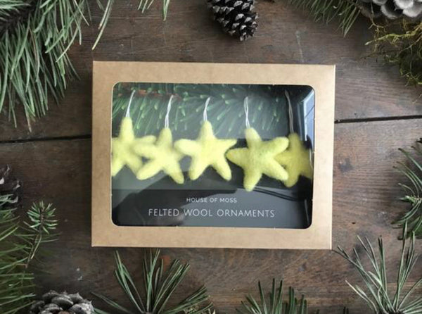 Handmade Mahonia Yellow wool star ornaments ready to hang as holiday decoration