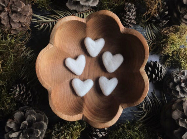 Set of five Snowberry White needle-felted wool hearts