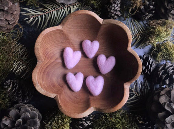 Set of five Mallow Pink felted wool hearts by House of Moss