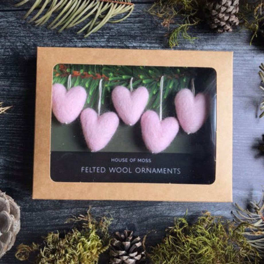 Five Mallow Pink wool heart ornaments for holiday decoration