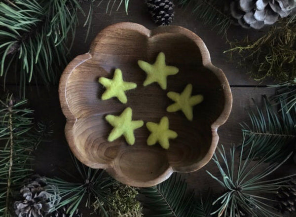 Set of five Mahonia Yellow felted wool stars by House of Moss
