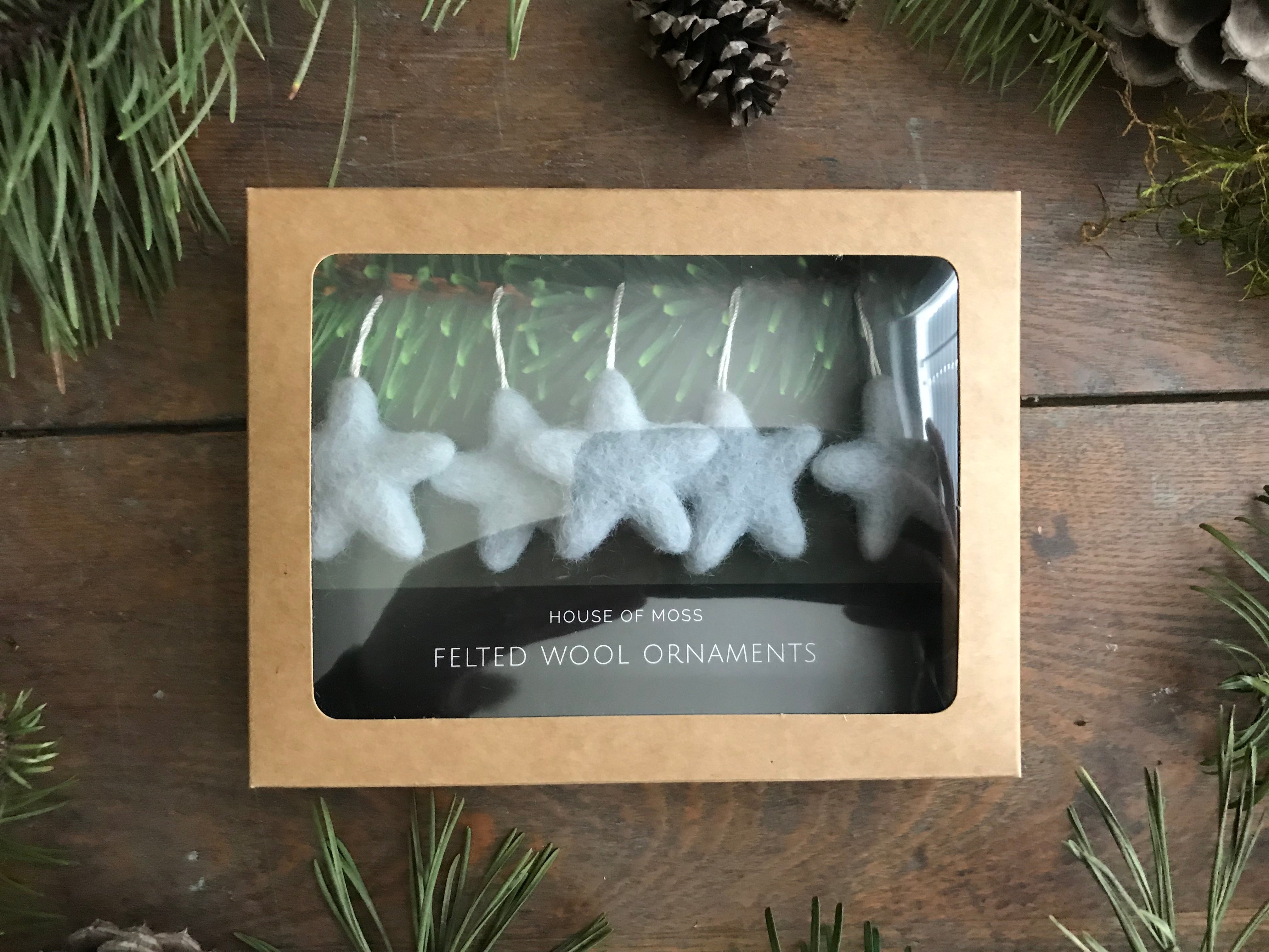 Morning Blue wool star ornaments for holiday trees and essential oil diffusing