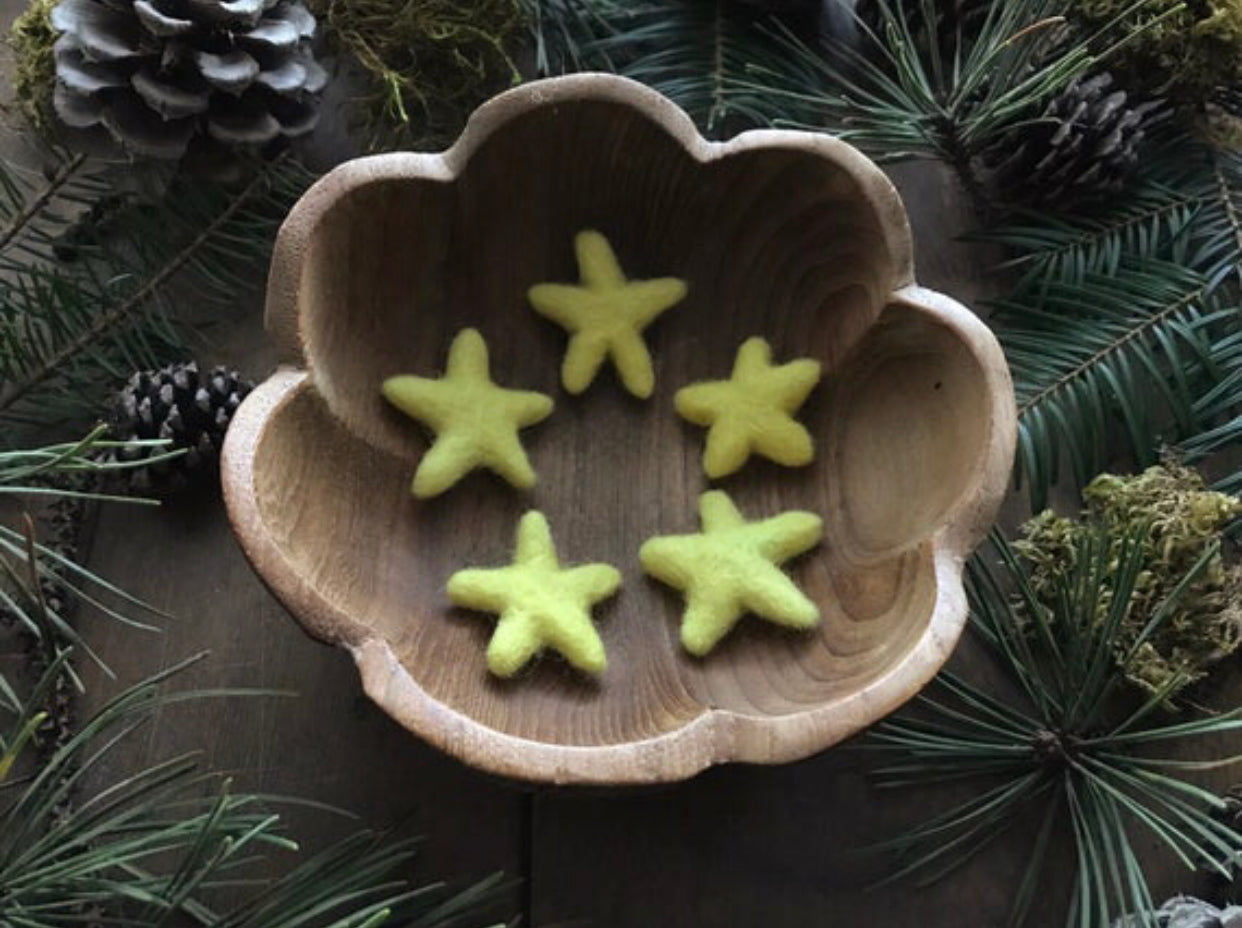 Handmade felted wool star set in Mahonia Yellow for decor or gifting