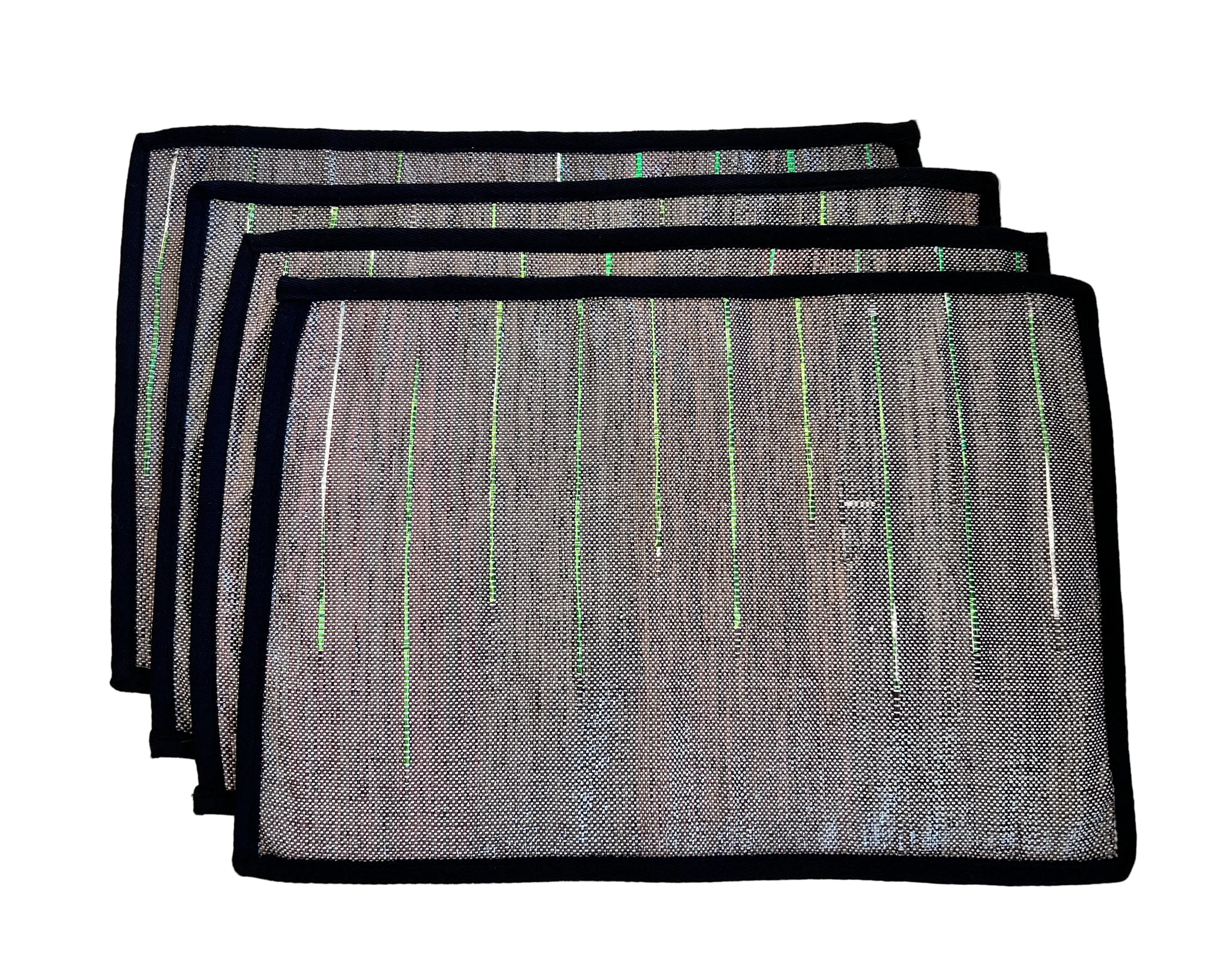 Close-up of upcycled plastic woven placemat with cotton trim detail