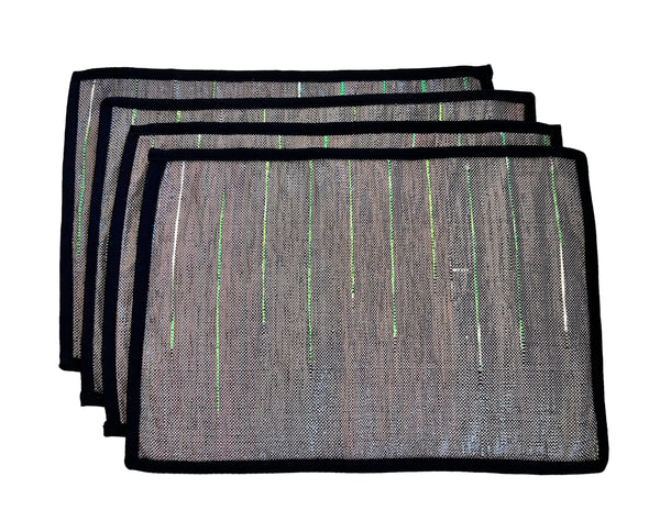 Close-up of upcycled plastic woven placemat with cotton trim detail