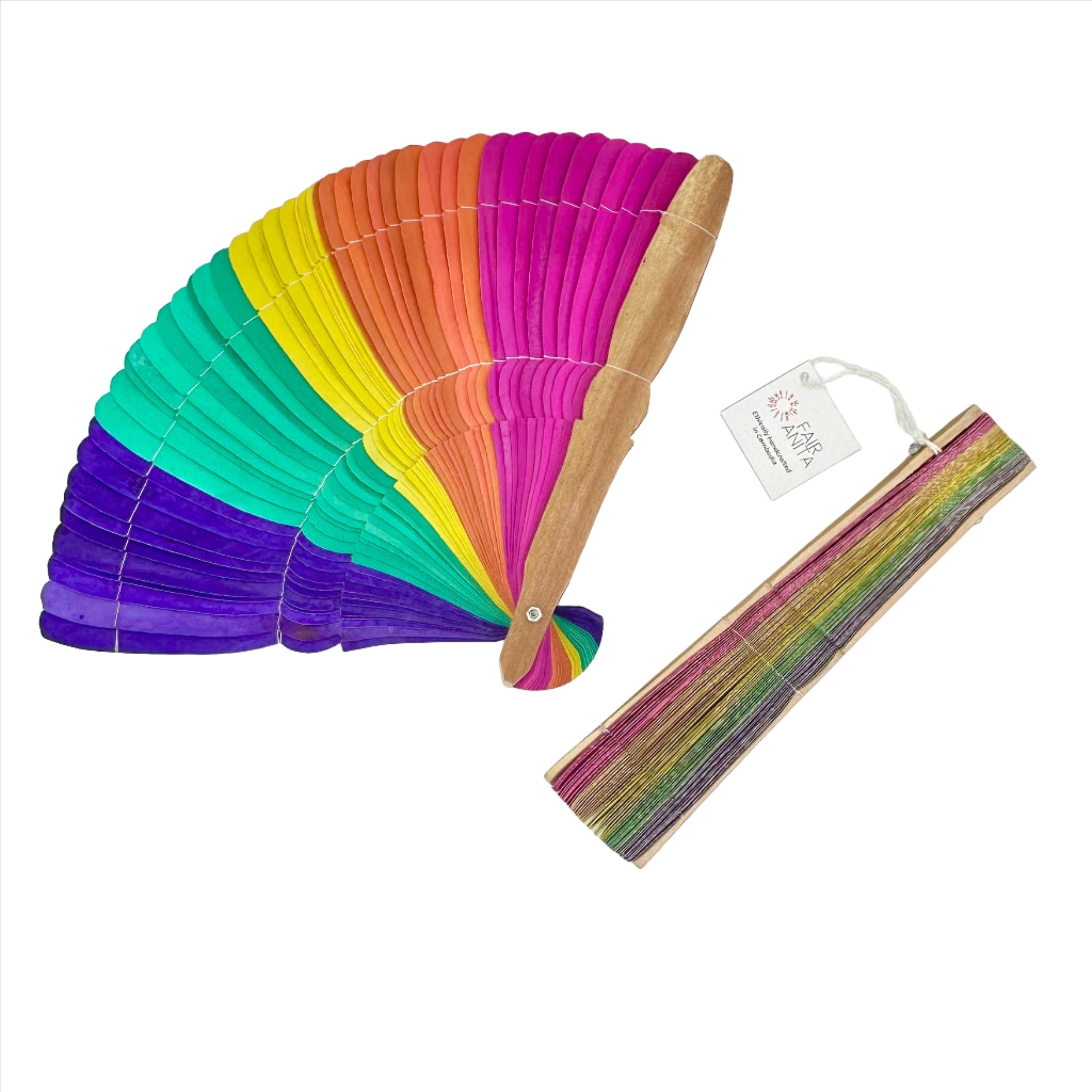 Open pride fan showing full 14.5 inch width with rainbow colours, handmade by fair trade artisans in Cambodia
