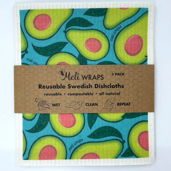 Avocado Swedish Dish Cloth Set of 3 laid out on a kitchen counter