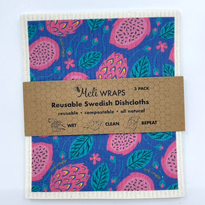 Dragonfruit Swedish Dish Cloth Set of 3 laid out on a kitchen counter