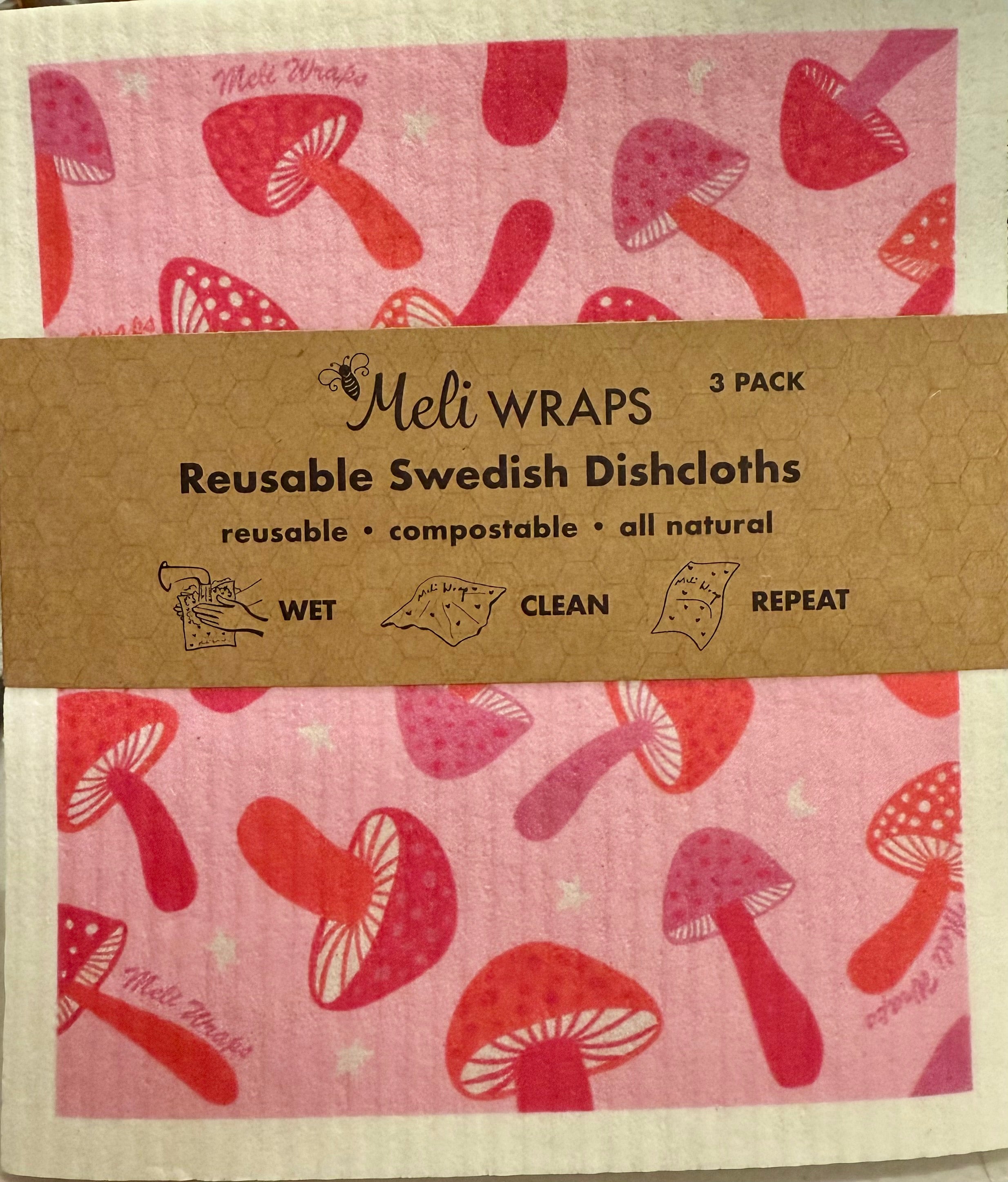 Set of 3 Pink Mushroom Swedish Dish Cloths folded together