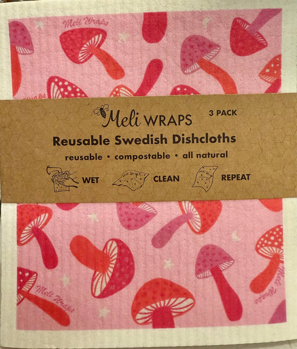 Set of 3 Pink Mushroom Swedish Dish Cloths folded together