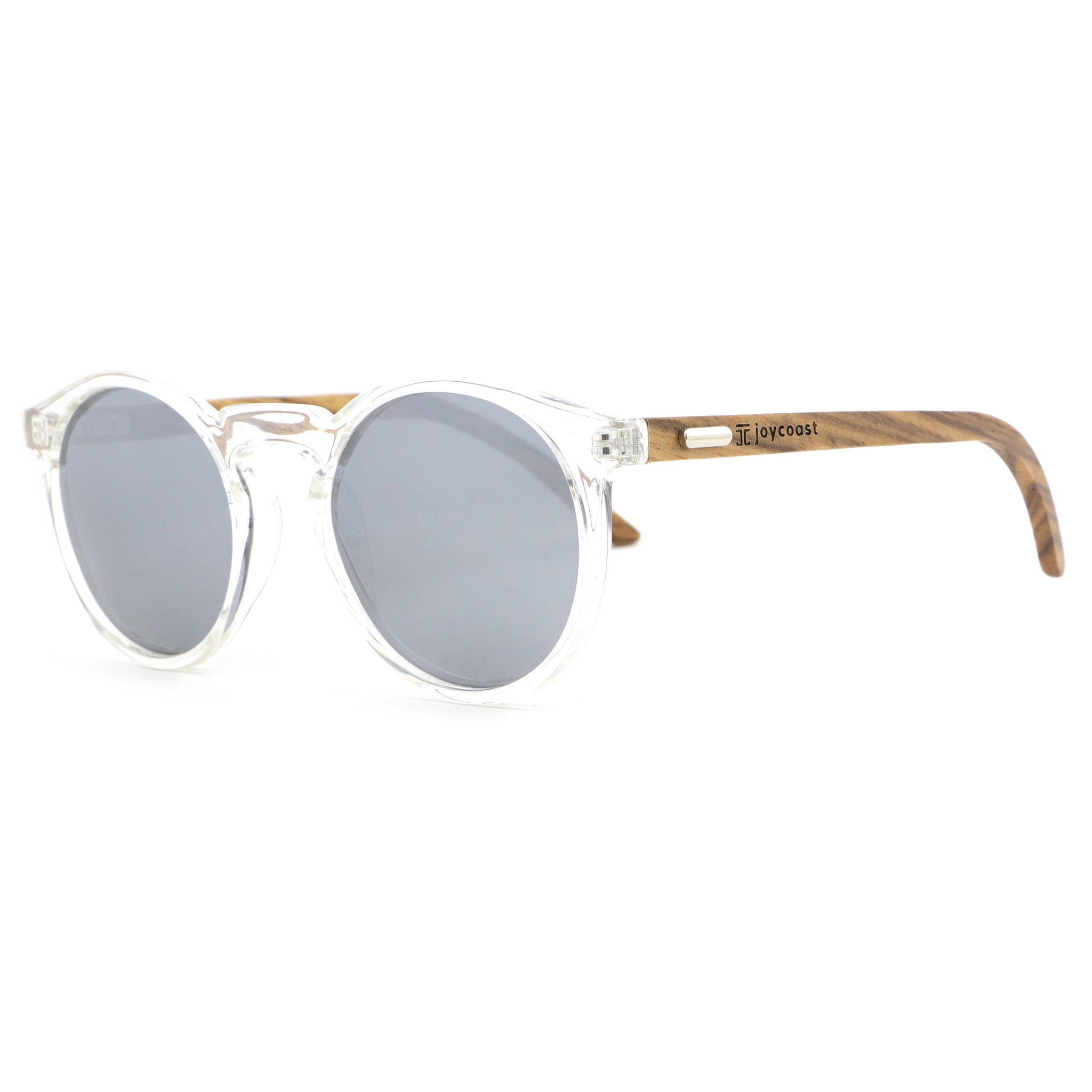 Timber Grey round acetate sunglasses with walnut wood temples on a flat surface