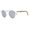 Timber Grey round acetate sunglasses with walnut wood temples on a flat surface