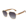 Maverick hexagon wooden sunglasses with American Walnut frame and abalone shell detailing by Joycoast