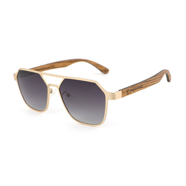 Maverick hexagon wooden sunglasses with American Walnut frame and abalone shell detailing by Joycoast