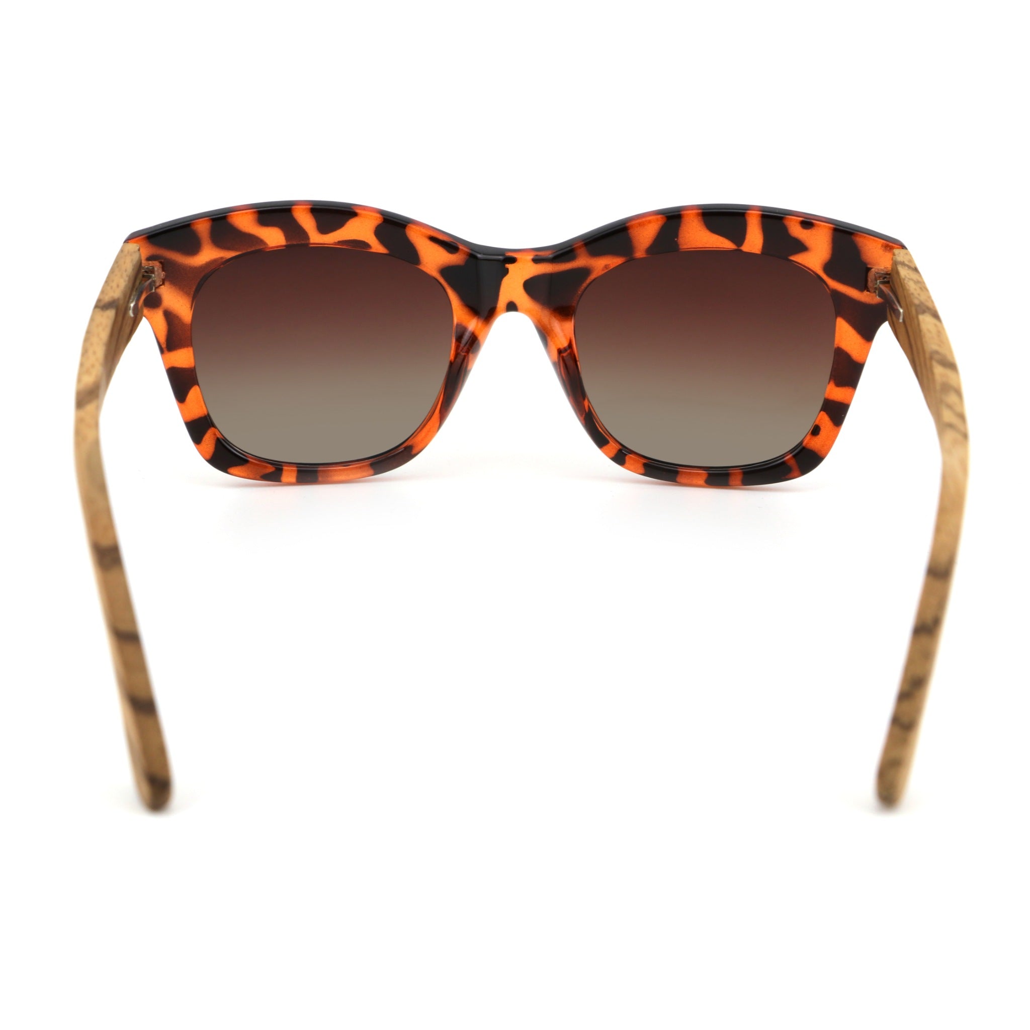 Sunglasses with orange and black patterned frame on a white background