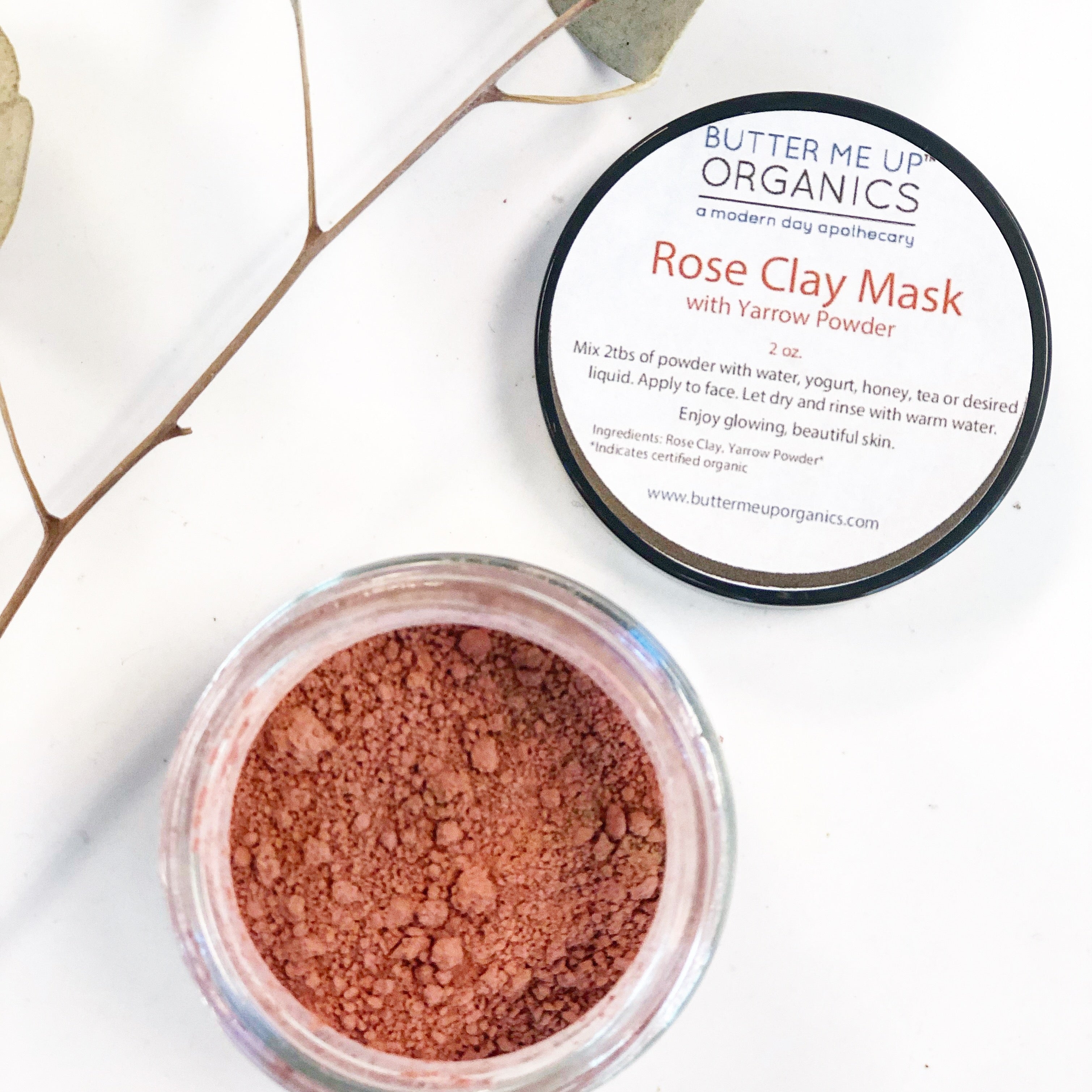 Rose Clay and organic yarrow face mask mixture prepared in a small bowl