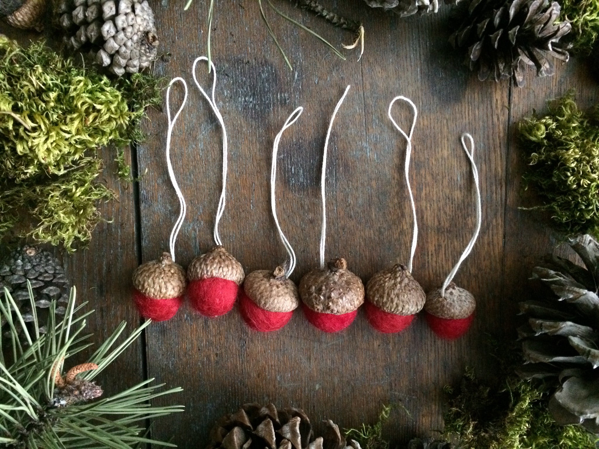 Set of felted wool acorn ornaments in Amanita Red with natural acorn caps