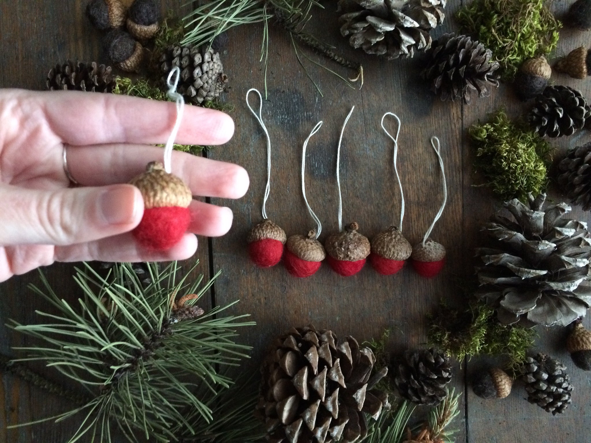 Amanita Red needle-felted acorn ornaments set in natural acorn caps