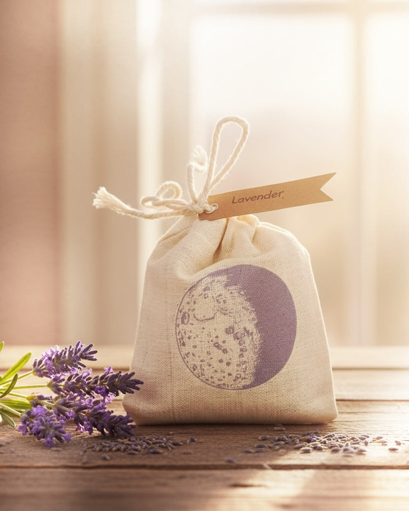 Organic lavender sachet filled with dried lavender buds in a natural linen bag by Seattle Seed Company