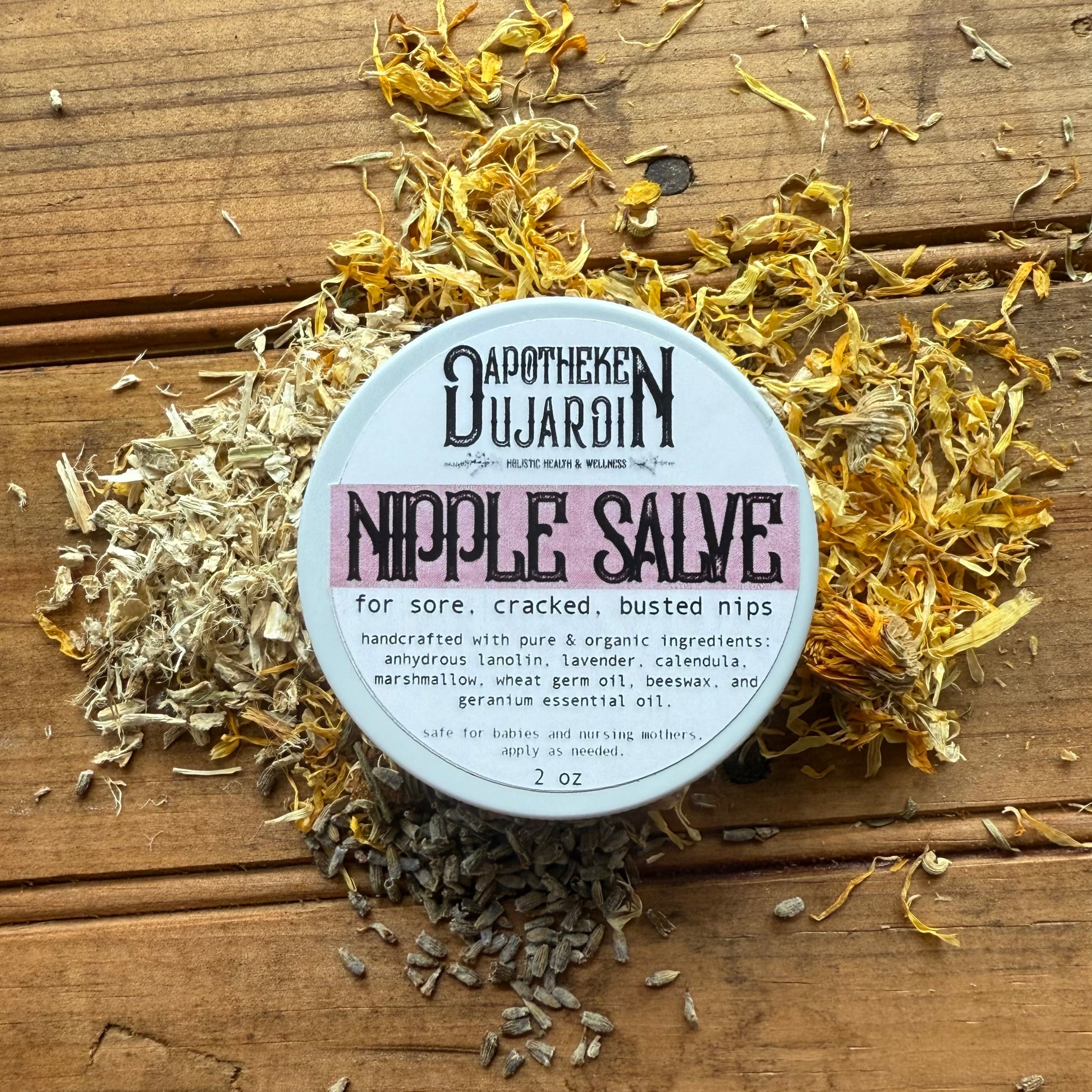 Apotheke DuJardin Nipple Salve 2 oz jar with organic calendula, lavender and lanolin, handcrafted in Maryland