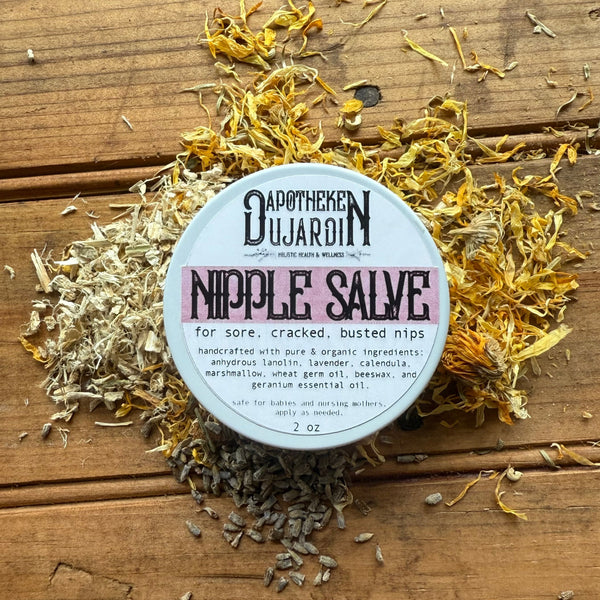 Apotheke DuJardin Nipple Salve 2 oz jar with organic calendula, lavender and lanolin, handcrafted in Maryland
