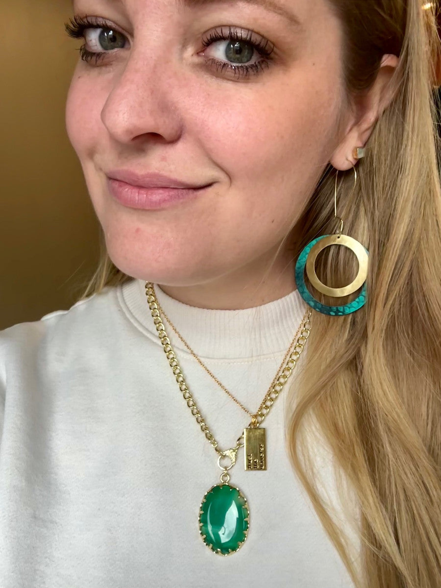 Close-up of Cenote Pools Painted Drop Earrings showing bold circular painted pendant, nickel-free and ethically handcrafted in India