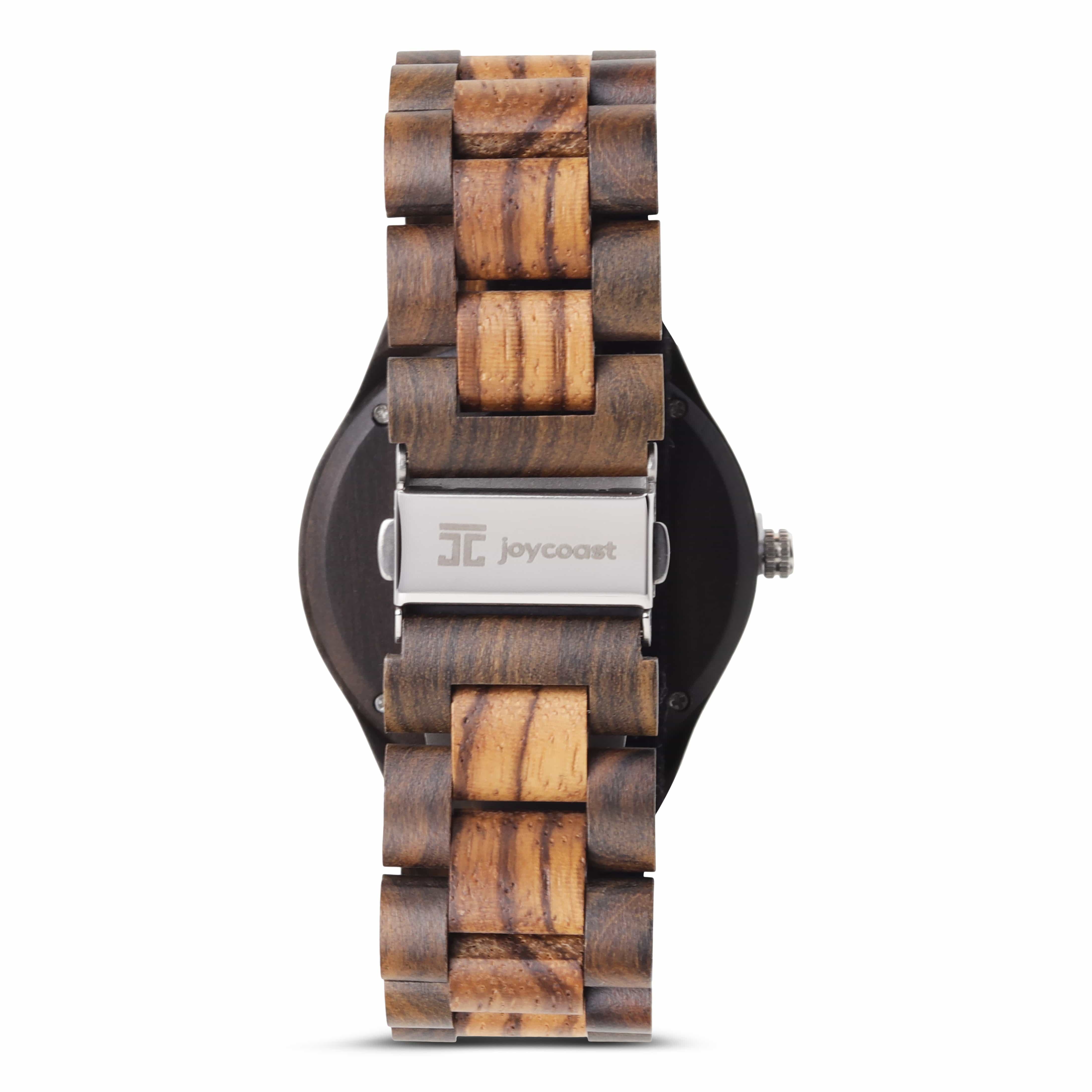 Wooden watch with a visible brand logo on a white background
