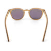 Wooden-framed sunglasses with purple lenses on a white background