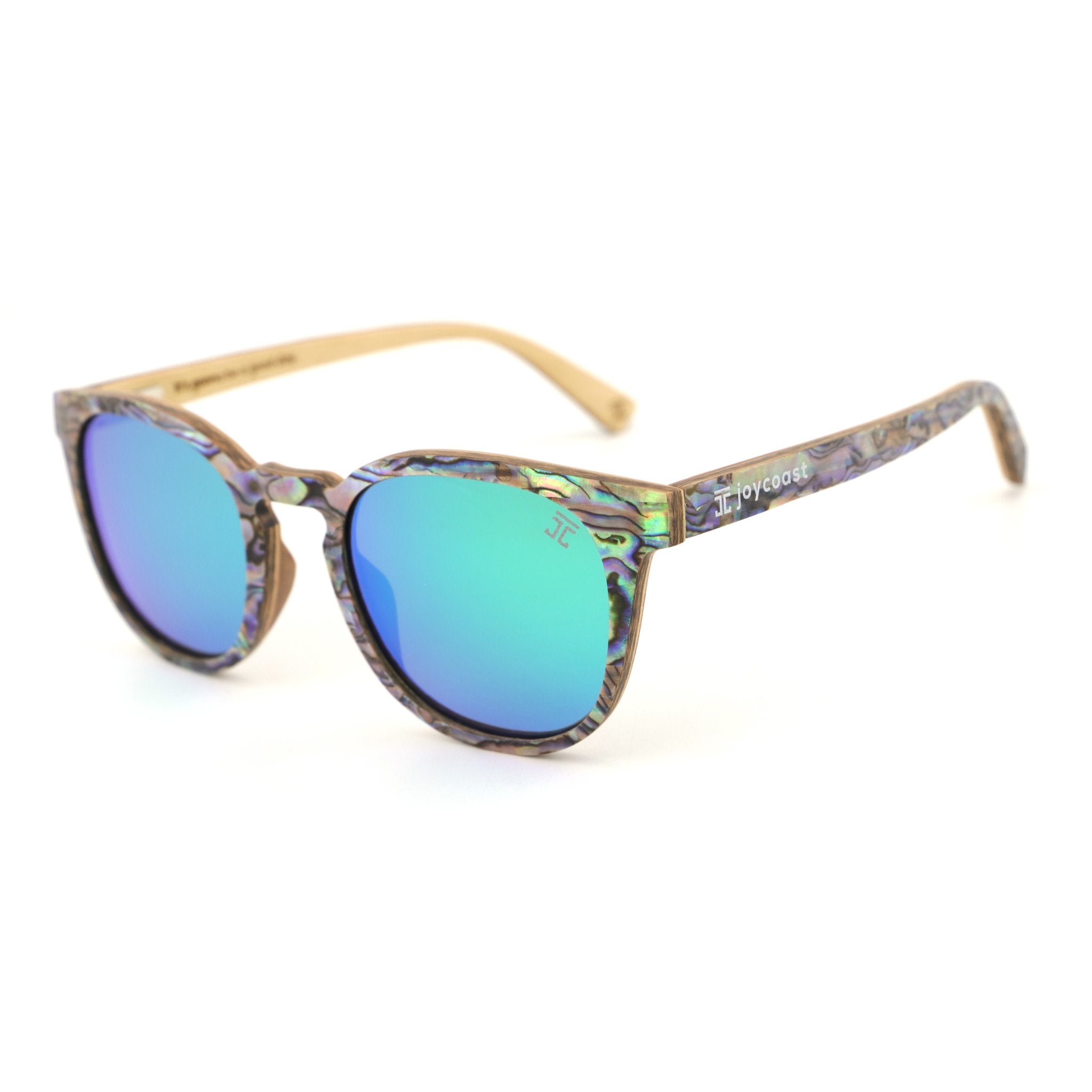 Sunglasses with blue reflective lenses and patterned frame on a white background
