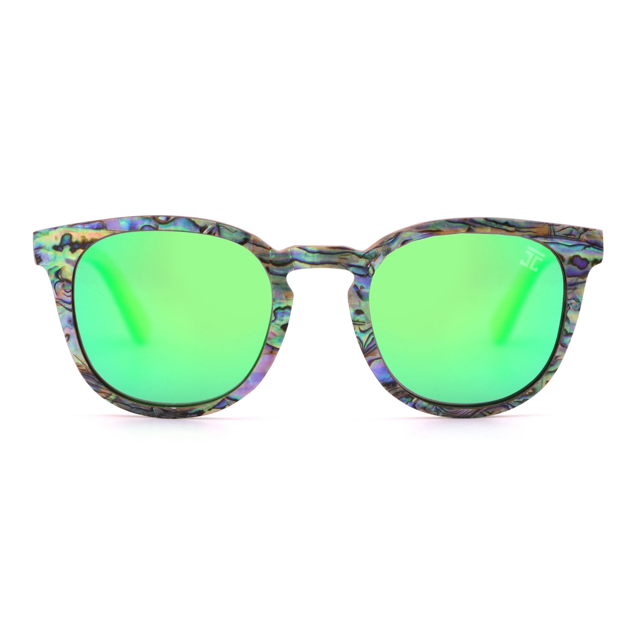 Sunglasses with green lenses and a patterned frame on a white background
