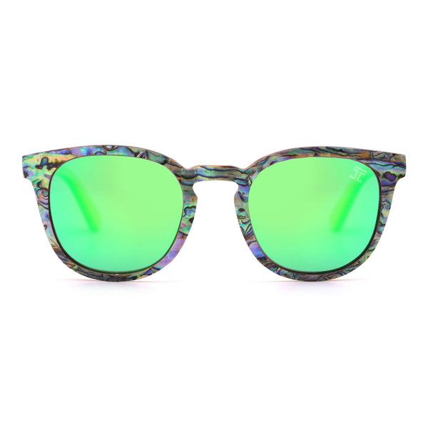 Sunglasses with green lenses and a patterned frame on a white background