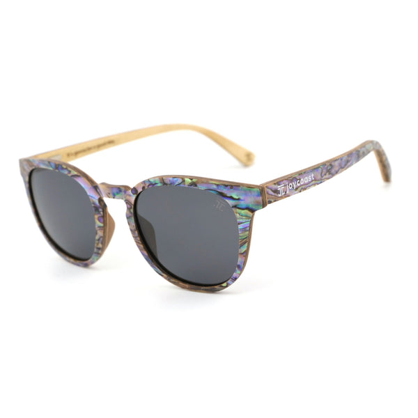 Sunglasses with floral patterned arms on a white background