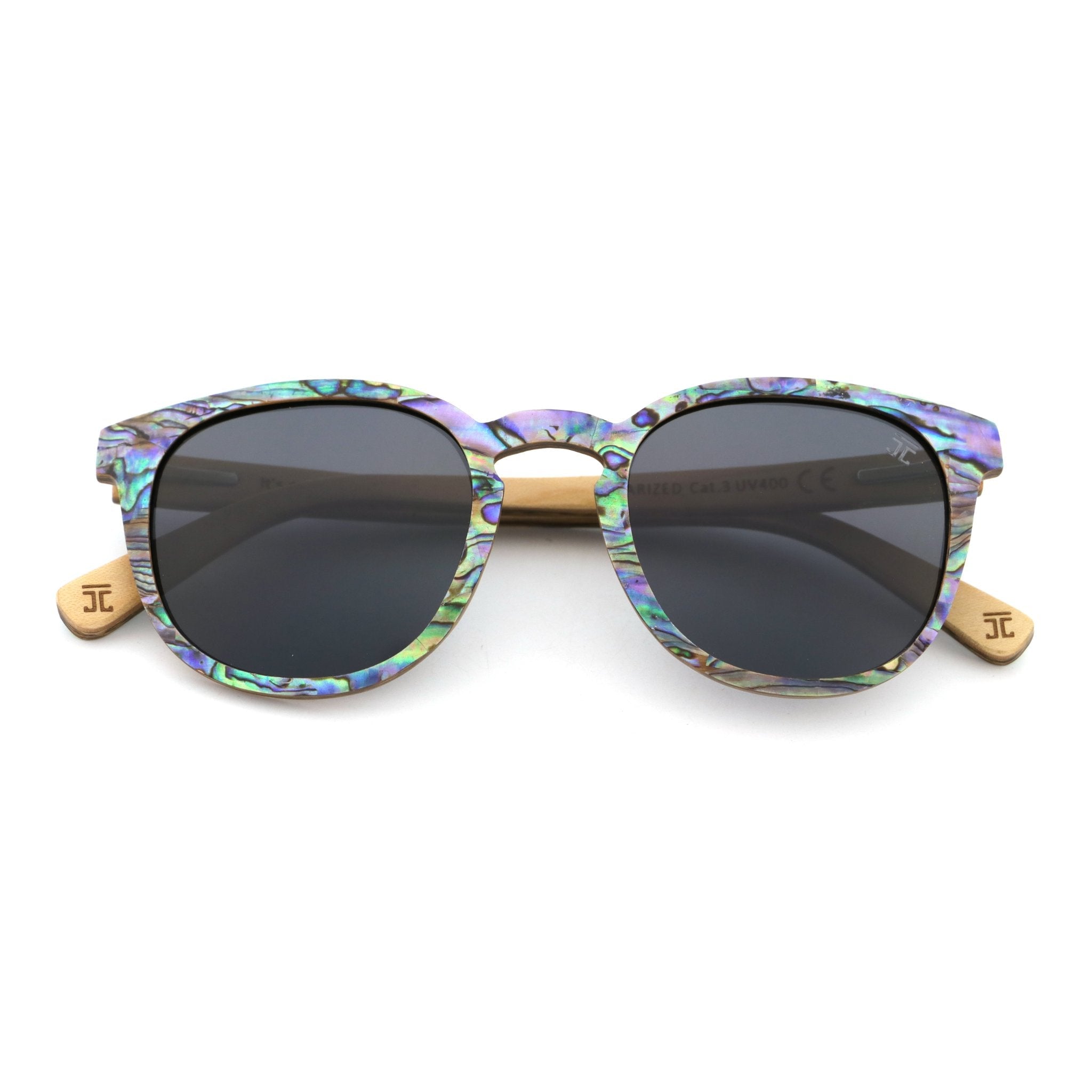 Sunglasses with a colorful frame on a white background