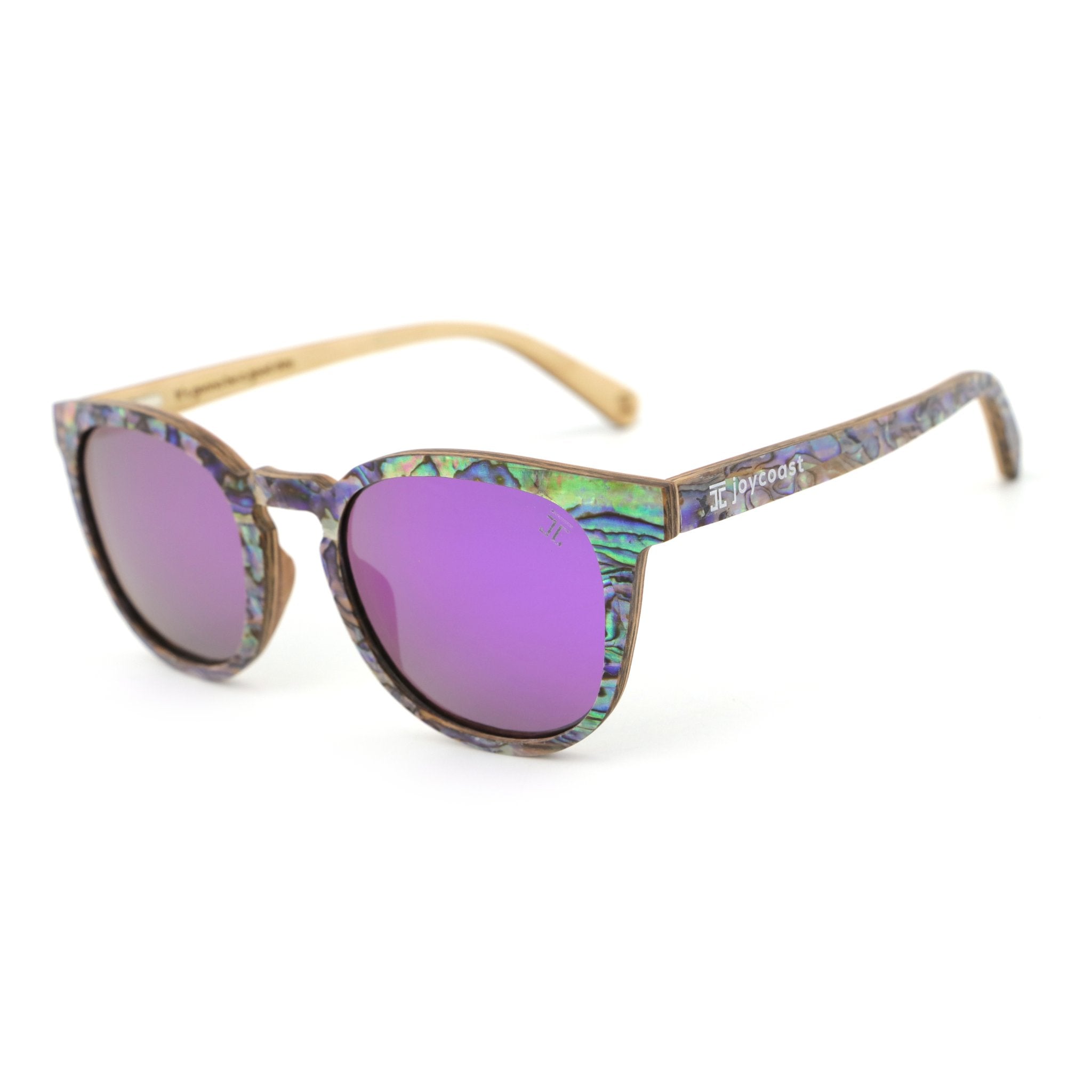 Sunglasses with colorful frame and purple lenses on a white background
