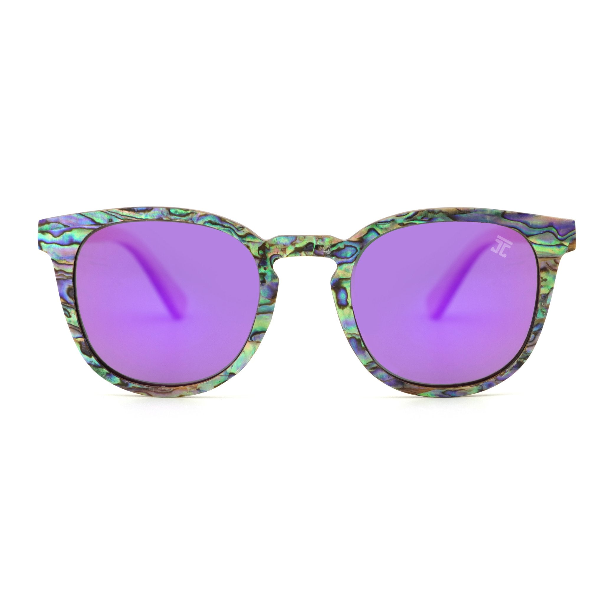 Sunglasses with purple lenses and a patterned frame on a white background