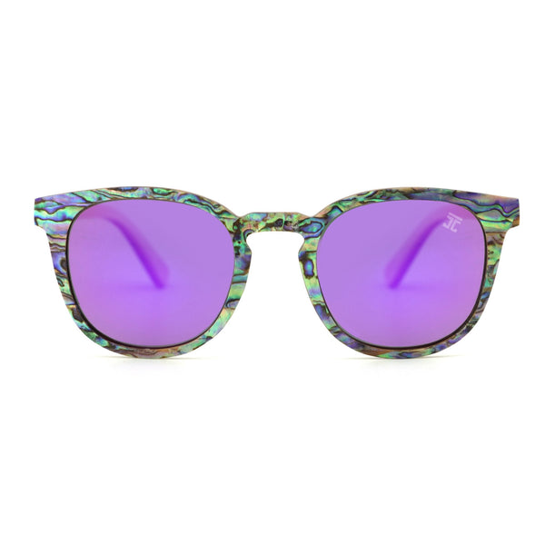 Sunglasses with purple lenses and a patterned frame on a white background