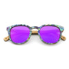 Sunglasses with purple lenses and colorful frame on a white background
