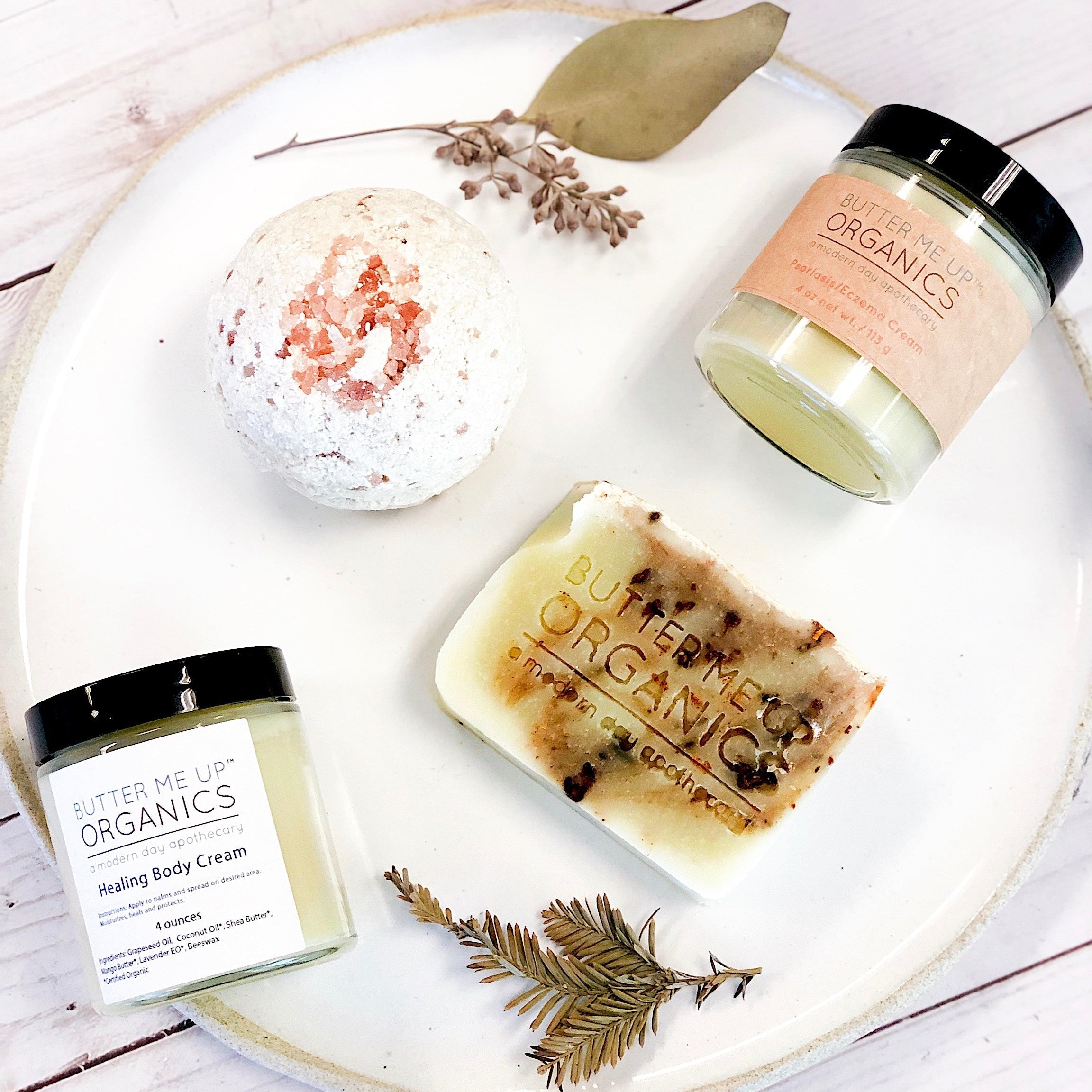 Butter Me Up Organics Sensitive Skin Gift Set for psoriasis and eczema with four organic skincare products