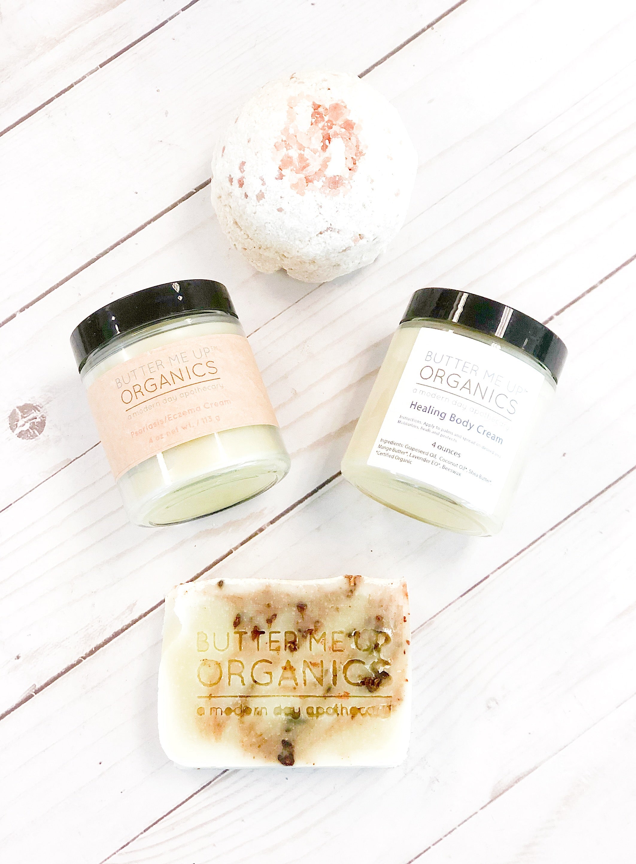 Healing body cream and organic skincare products from Butter Me Up Organics sensitive skin gift set