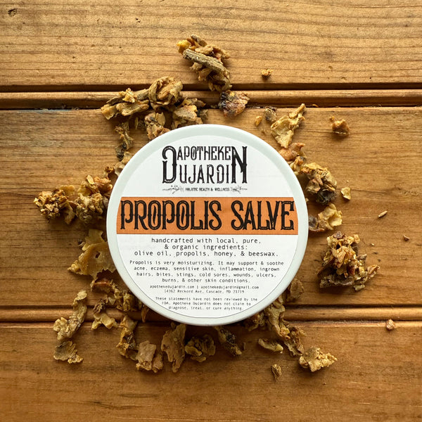Apotheke DuJardin Propolis Salve in a 2 oz tin with local beeswax, honey, and olive oil on a natural background