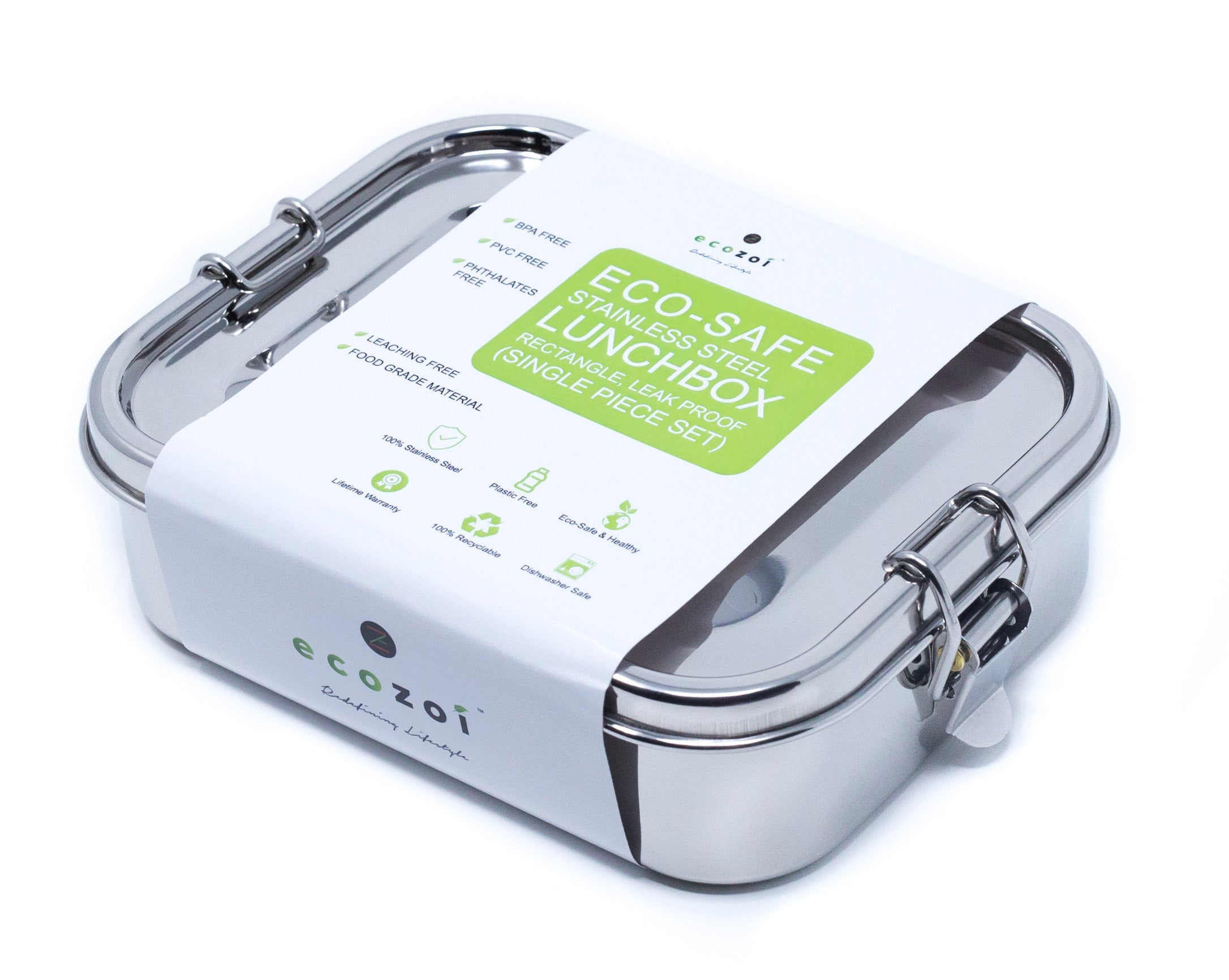 Ecozoi stainless steel single-tier leak-proof lunch box with red silicone seal, closed lid view
