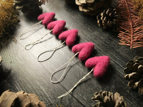 Wild Rose Pink needle-felted wool hearts from the House of Moss set of 5
